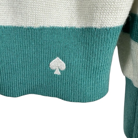 KATE SPADE Green & White Striped V-Neck Cardigan Scalloped Edges Size Large - Picture 2 of 8